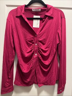 🆕 SM Burgundy Collared Ruched Button-Down Shirt. L. NWT!🔥🔥